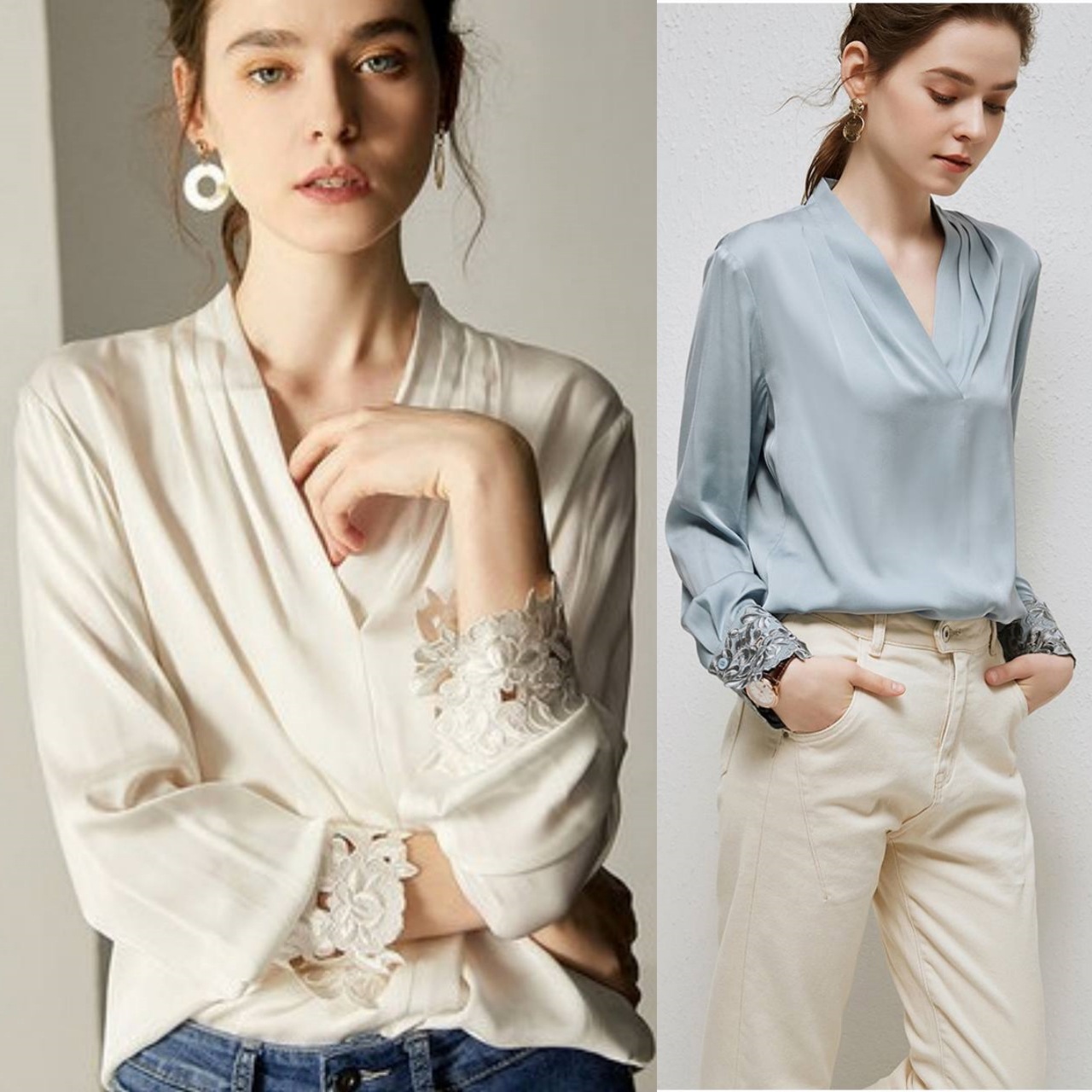 トップス シャツ ブラウス 白シャツ 白トップス 袖あり 長袖 パフスリーブ Vネック カシュクール 襟なし 刺繍 タック かわいい 大人可愛い きれいめ シンプル 大人 上品 おしゃれ お洒落