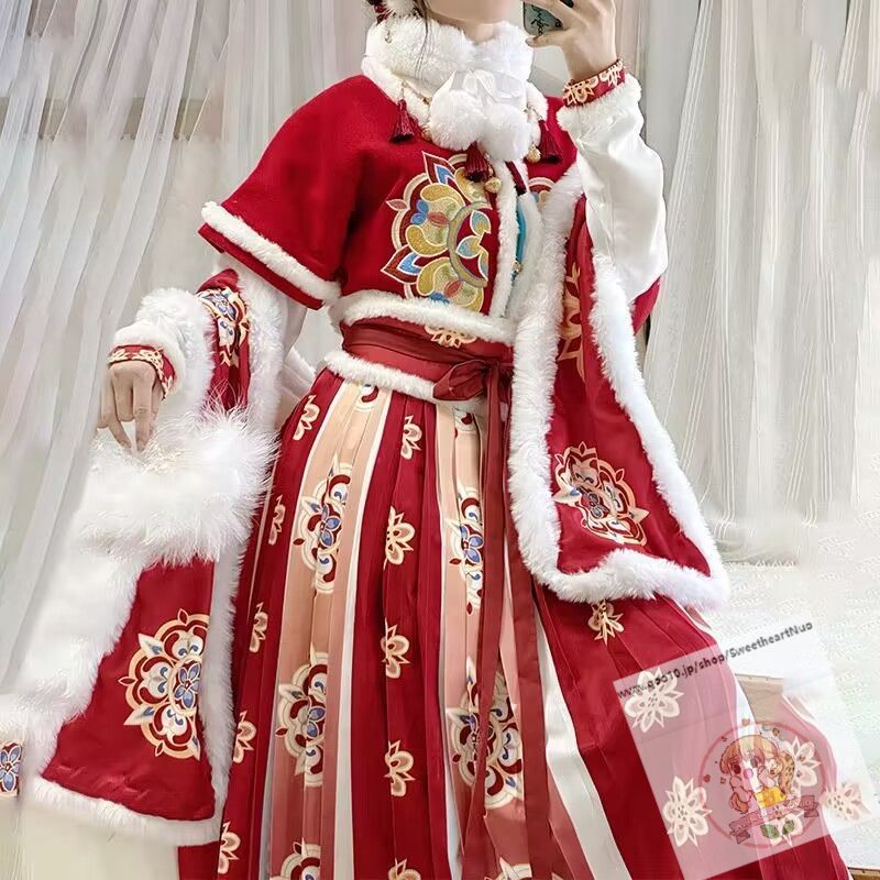 漢服女中国風タンカラー3点セット腰にダウン冬の年始服