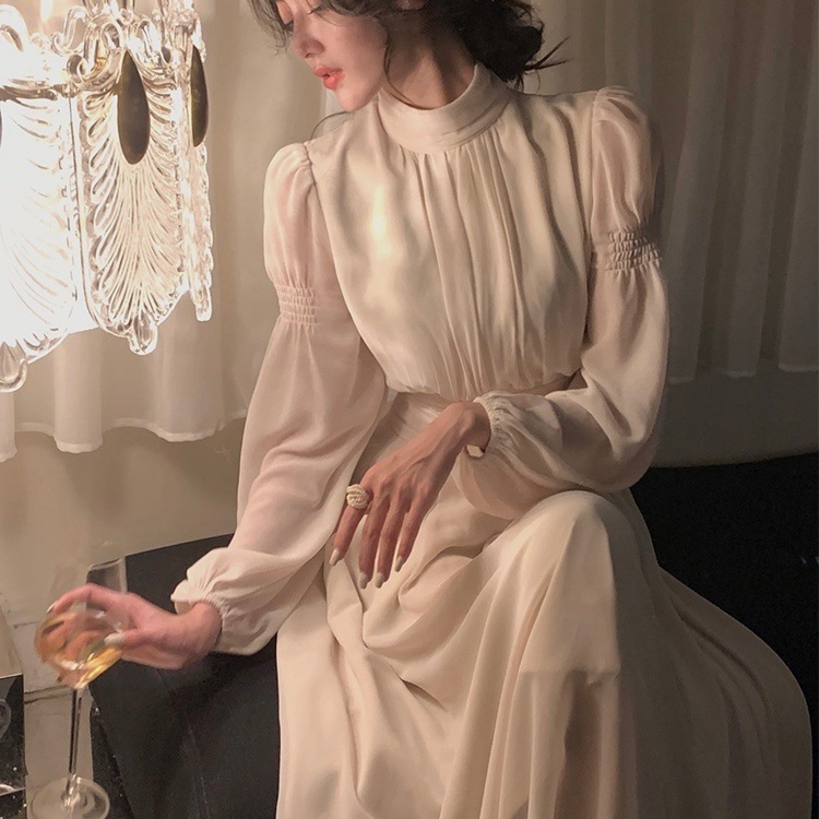 ワンピース ロングワンピース ワンピースドレス 長袖 パフスリーブ ボリューム袖 ハイネック ウエストマーク 透け感 ロング丈 かわいい 大人可愛い きれいめ シンプル 上品 おしゃれ きちんと