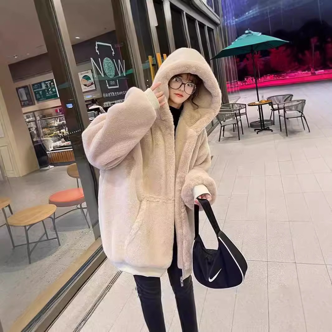 2024新イミテーションレッキスラビットファーコートレディース冬ミドル丈厚手のフード付きミンクラムプラッシュコート 5,917円