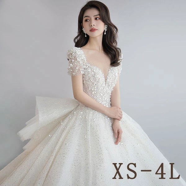 花嫁 ウエディングドレス スイートハートネック プリンセスライン 白ドレス トレーンドレス ワンピース プリンセス かわいい シンプル 結婚式 披露宴 前撮り 後撮り 撮影用 フォトウエディング 小柄