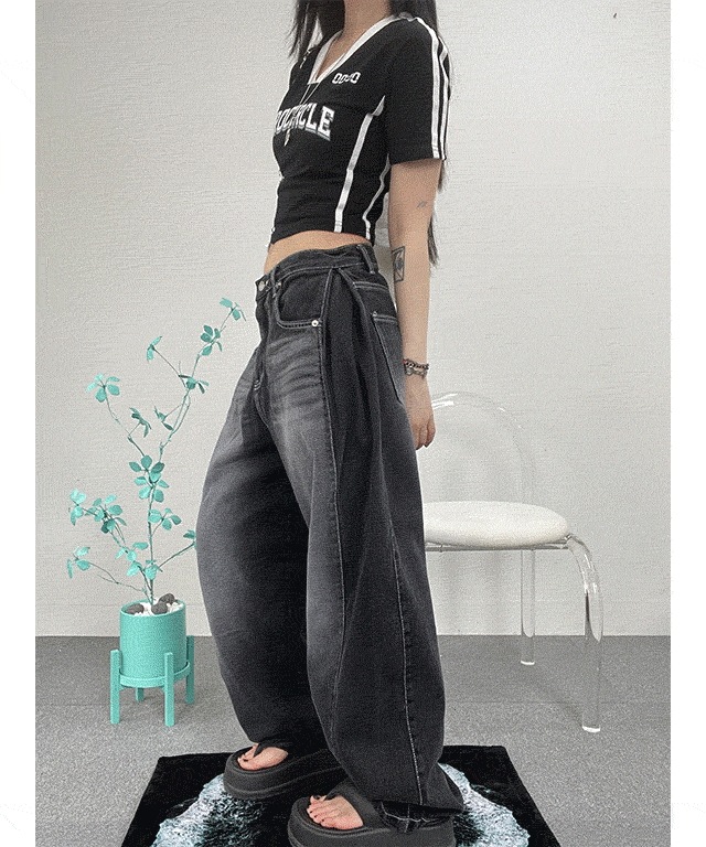 Wide snap denim pants (2color)