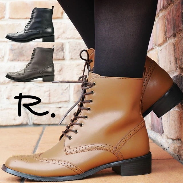 リーガル 社製 アールドット レディース レースアップブーツ ウイングチップ ショートブーツ カジュアルシューズ メダリオン レザー 編み上げブーツ 牛革 S16C ブラック 黒 ダークブラウン ブラ