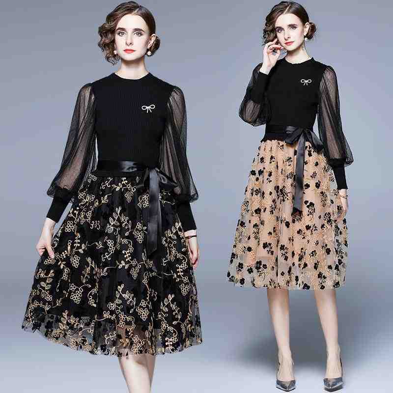 M３L パーティー 結婚式 二次会 ニット 花柄レース切替 パフスリーブワンピース大きいサイズ レディース 秋冬 結婚式 きれいめ タイト フォーマル 大人 上品 チュニック one-piece