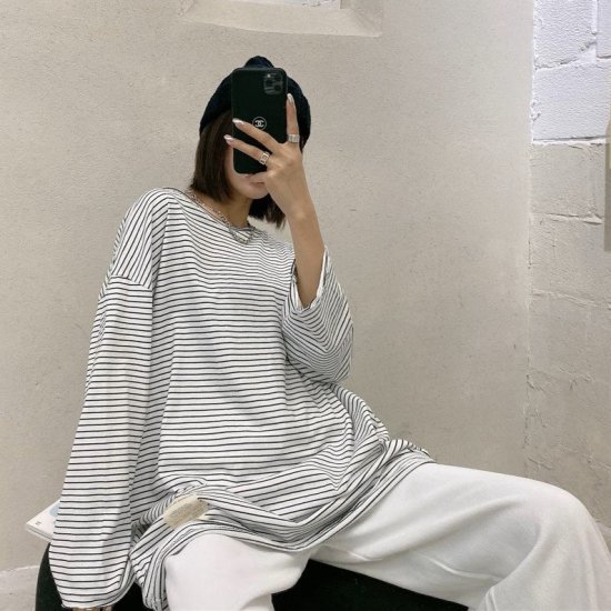 ボーダーTシャツ レディース ロングTシャツ カットソー 長袖 プルオーバー ラウンドネック ラグランスリーブ ルーズ オーバーサイズ レトロ 3color ボーダー ロング丈 カジュアル おしゃれ