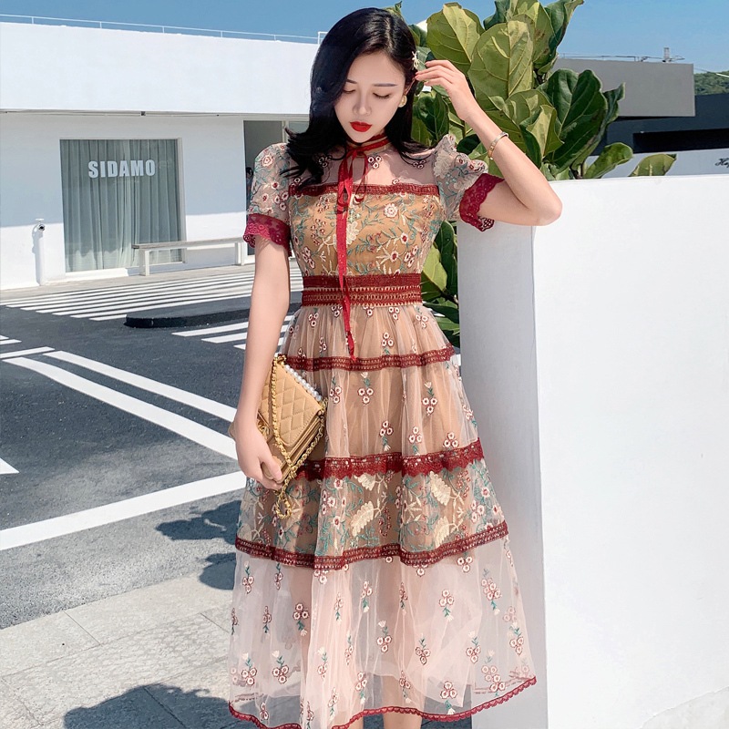 レースフラワー刺繍ワンピース 半袖 ワンピース ドレス 花柄 エレガント パーティー シースルー レース Aライン かわいい 大人可愛い 結婚式 二次会 お呼ばれ a4120