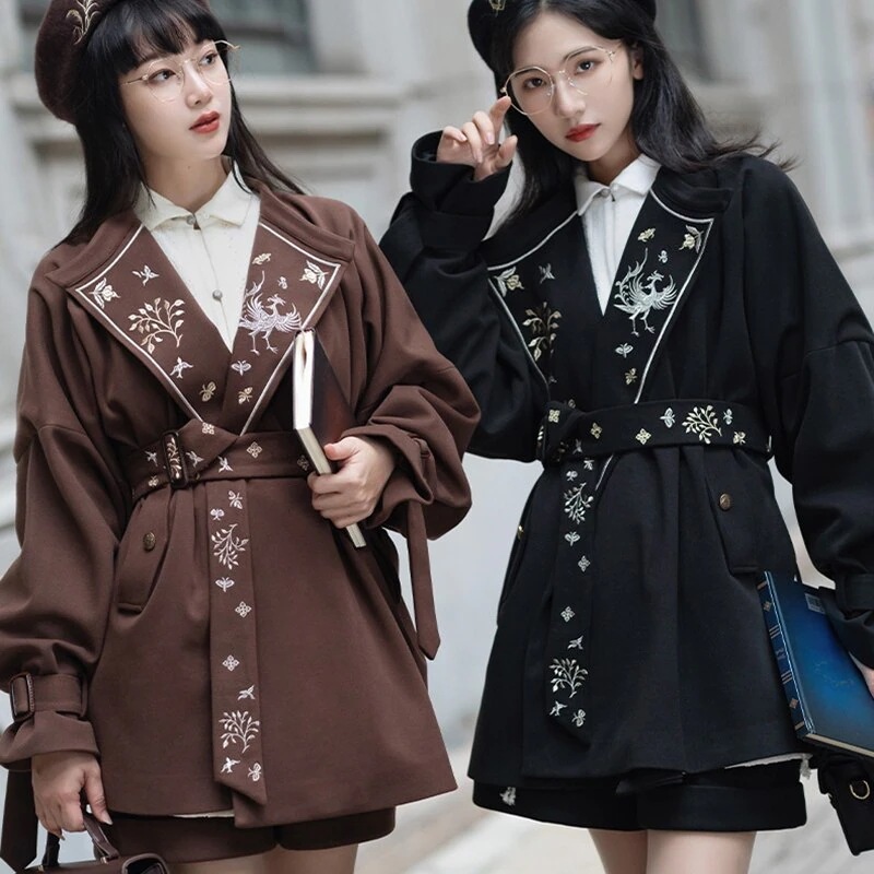 チャイナ風低身長コート 刺繍アウター 秋冬新作 着痩せ 高見えコーデ 改良漢服 厚手 黒 ブラウン