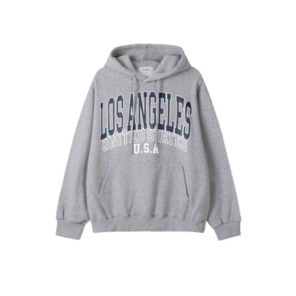 メンズ LA プリント オーバーサイズ 裏起毛 フード付き Tシャツ RM-TSK-Q059-グレー