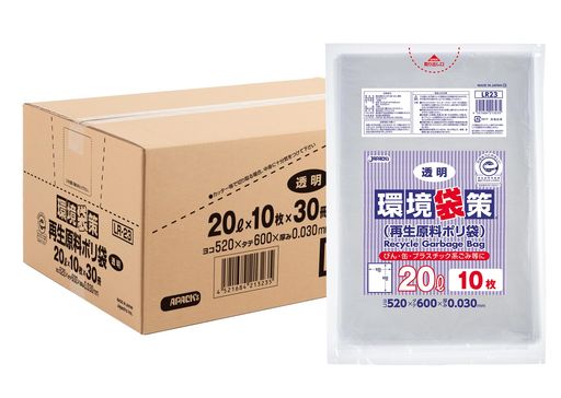 ジャパックス 環境袋策 厚手 ゴミ袋 20L 透明 300枚 (10枚x30冊) 再生原料40%使用 ポリ袋 (エコマーク付き) LR23 まとめ買い ケース販売