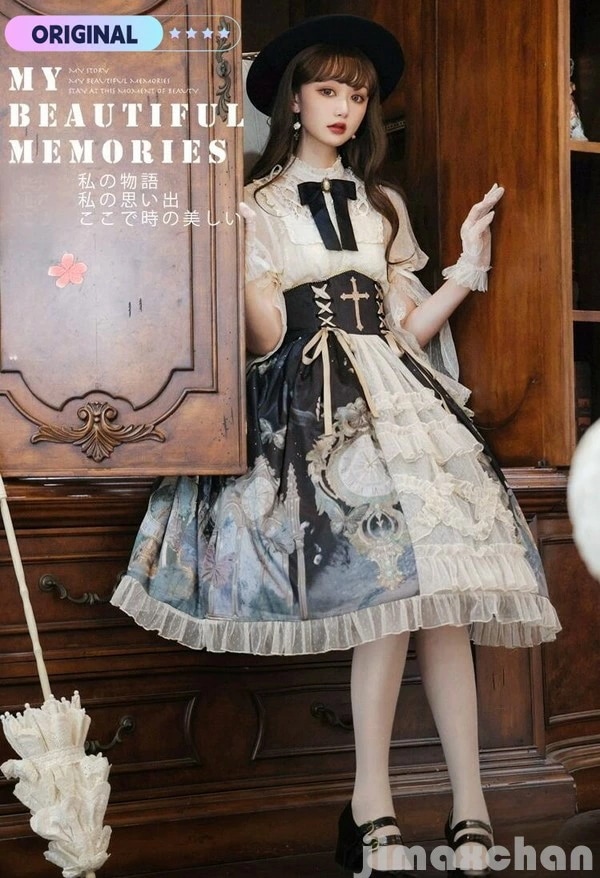 完売御礼新生活 ロリータ エレガント 宮廷風 Lolita jsk sk op ワンピース 吊りスカート オリジナル 高品質 3点セット ロリィタ 優雅 レトロ パニエ付き 蝶と鐘 薔薇島シリーズ