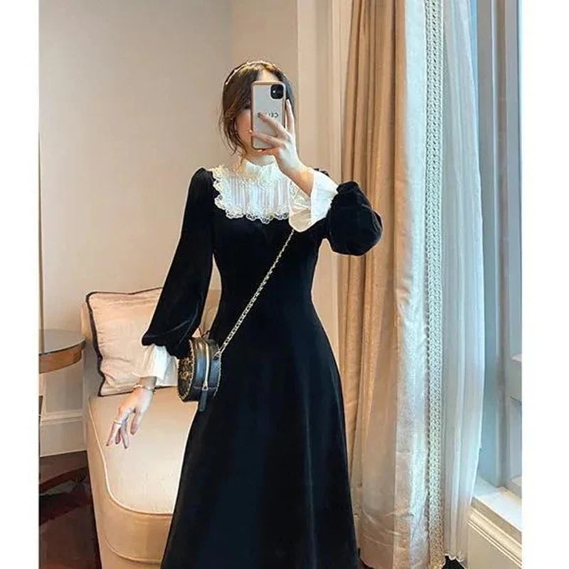 ロングベルベットレースドレスフェミニティのコートスタイルヘップバーンフレンチレトロ長袖 ワンピースワンピースドレスドレス