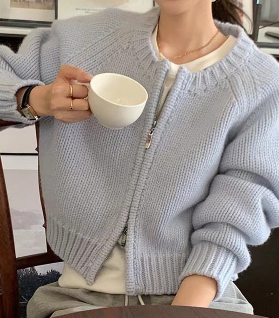 セータージャケット ダブルジッパー ニットカーディガン 韓国 レディース オルチャン トレンディ ライトブルー 水色 グレー 灰色 カーディガン 袖あり 長袖 ラウンドネック 無地 秋 冬