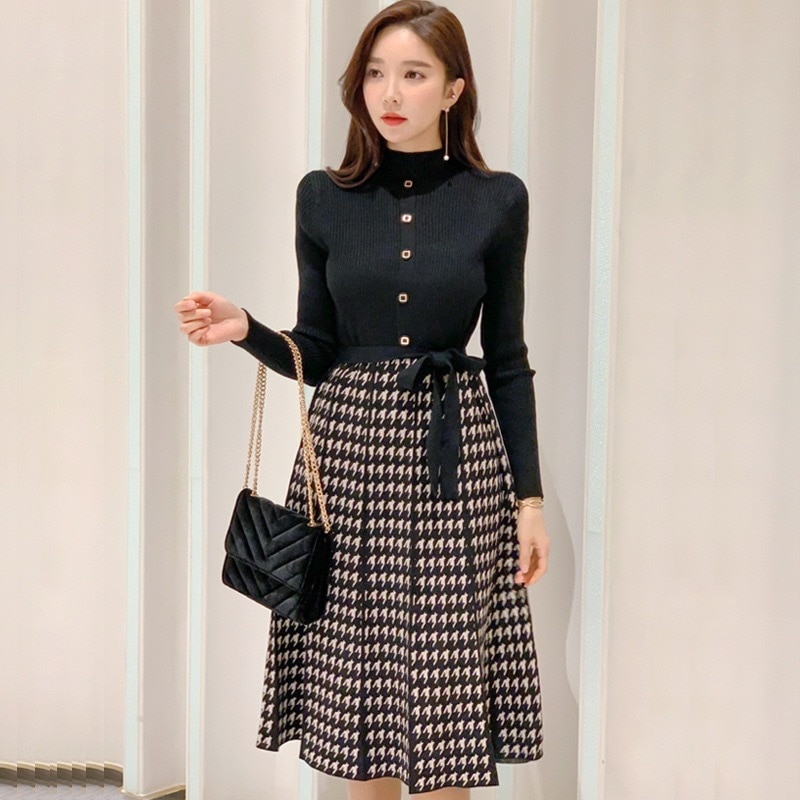 ワンピース チェックスカート ベルト付き 膝丈 千鳥格子 ハイネック ハイウエスト 韓国 レディース かわいい 可愛い キュート 大人可愛い 大人女子 きれいめ 気品 シンプル カジュアル