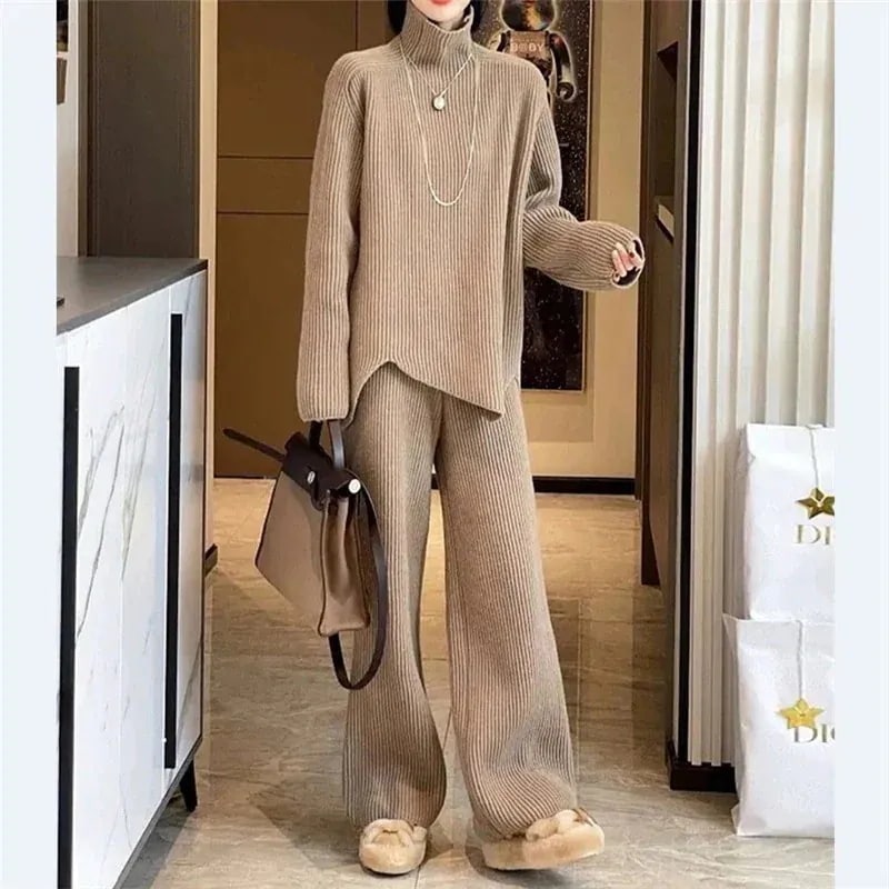 セットアップフレンチファッションレディースセータータートルネックトップス+ハイウエストカジュアルワイドパンツ2点セット