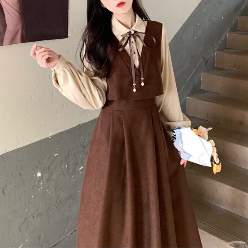 レディース ワンピース ワンピドレス ロング フェイクレイヤード 重ね着風 袖あり 長袖 フレア Aライン かわいい 大人可愛い シンプル 大人 上品 おしゃれ お洒落 大人女子