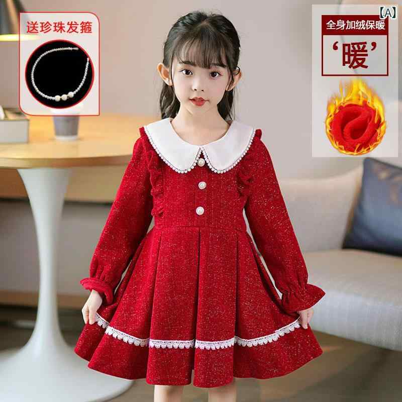 ドレス 女の子 ガール ミニ ドレス 秋冬 子供 キッズ 起毛 プリンセス お姫様 ワンピース 長そ 厚手 フレアスカート キラキラ ラメ入り 花 フリル お遊戯会 娘