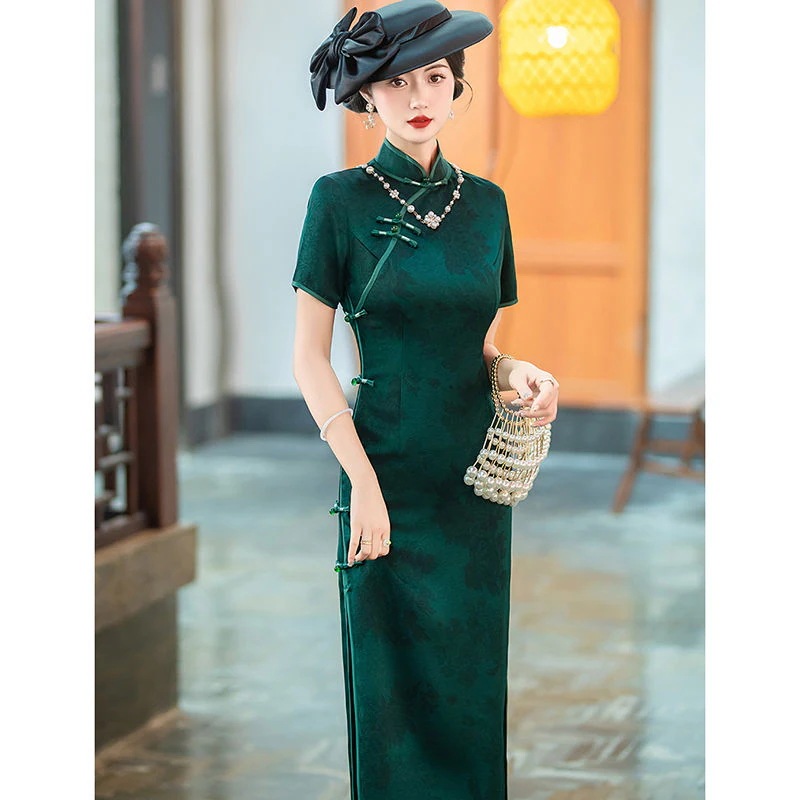 ダークグリーンロングチャイナドレスヴィンテージクラシックオールド上海レトロスタイル2025春夏スリムでエレガント