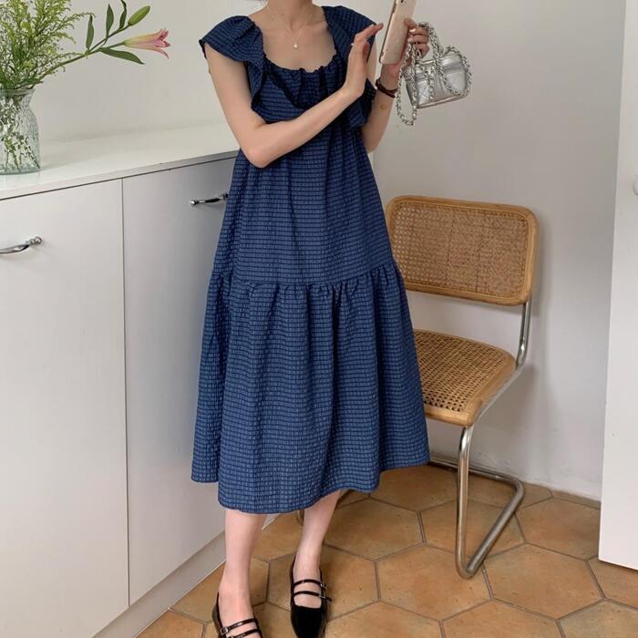 ワンピース ワンピ ドレス チェック フリル レディース エレガント リボン きれいめ カジュアル 半袖 大人 可愛い フェミニン Aライン ひざ丈 オフショルダー ゆったり 切り替え 体型カバー 青
