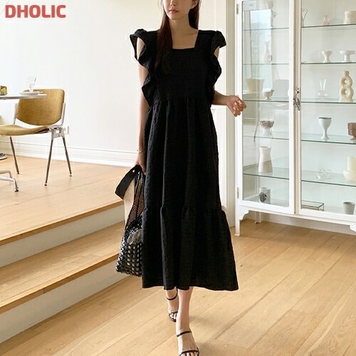 [メガ割りSALE]ストラップ付ロングフリルフレアワンピース