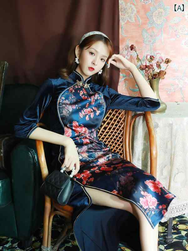 チャイナドレス ワンピース レディース フォーマル パーティー おしゃれ ベルベット スリム レトロ ネイビー グリーン