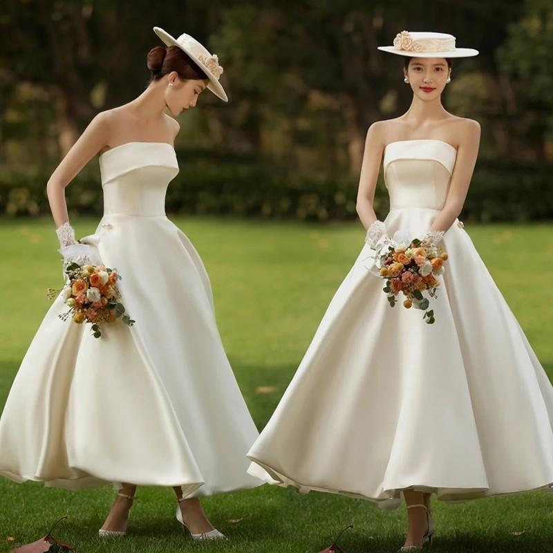 2025服芝生のウェディングドレスアートストラップ胸ファッションシンハイエンドサテンウエストクローズロングドレス