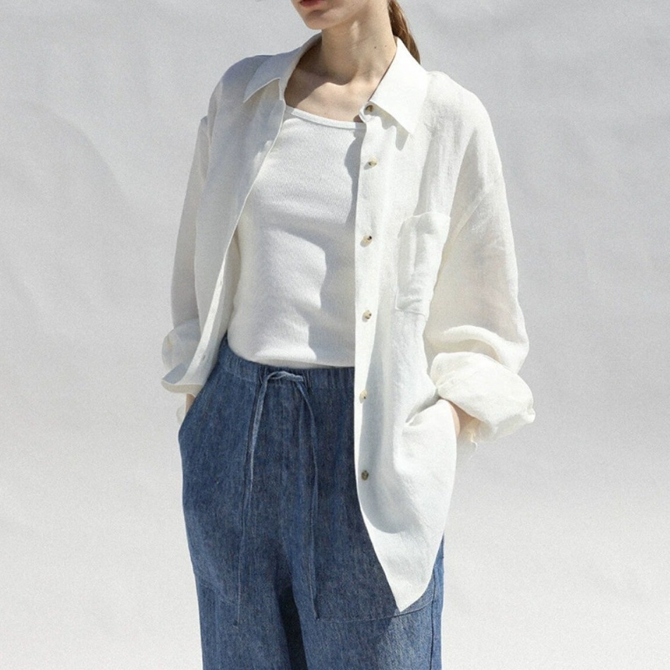 オールド・チェンスタイルの純リネンシャツレディース秋無地ゆったりシャツジャケット新型通勤スタイルカジュアルリネントップス