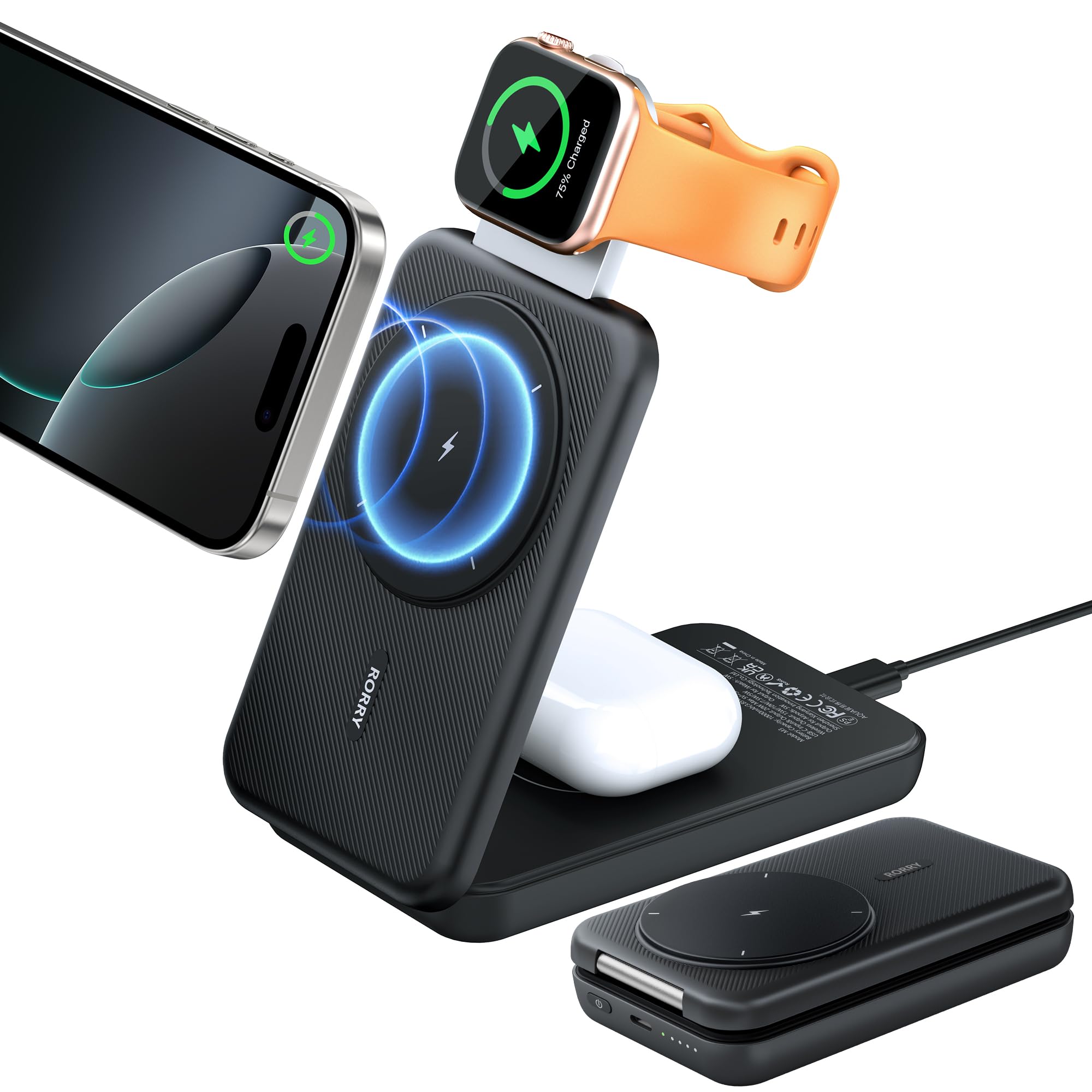 RORRY【業界高水準傑作 ワイヤレス充電器とモバイルバッテリー両立！4in1magsafe充電器】アップルウォッチ充電 10000mAh 大容量 充電スタンド兼用 マグセーフ充電器 折りたたみ式 持