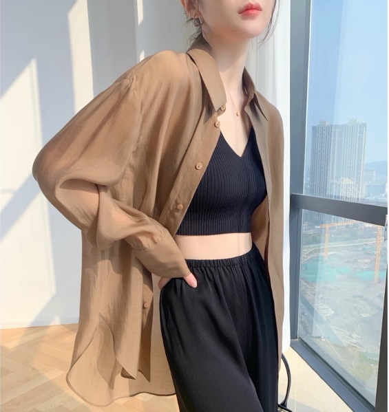 トップス シャツ ブラウス 上着 袖あり 長袖 透け感 薄手 UVカット 紫外線予防 日焼け止め 快適 着心地 きれいめ シンプル カジュアル 大人 上品 おしゃれ お洒落 かっこいい レトロ