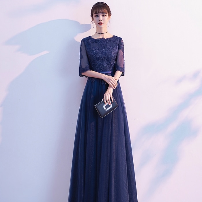 ドレス パーティードレス 二次会ドレス 披露宴ドレス カラードレス ステージドレス イブニングドレス ロング ロング丈 袖あり 5分袖 五分袖 ラウンドネック 襟なし Aライン プリンセスライン