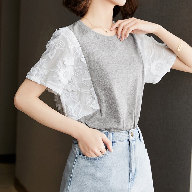 レディース トップス カットソー 半袖 ラウンドネック 襟なし ストレート 切り替え ドッキング フェミニン レース 刺繍 切り替えデザイン ポリエステル 配色 かわいい 大人可愛い きれいめ