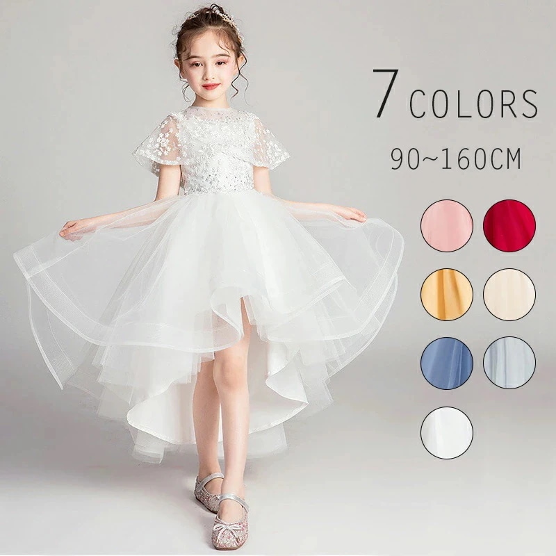 【急速出荷!】子供ドレス フィッシュテール 春夏秋冬 花柄 ピンク ホワイト 感 ピアノ発表会 ショート ロング ドレス 結婚式 キッズ 膝丈 子どもドレス 七五三 ジュニアドレス 90 100