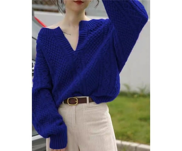レディース トップス ニット セーター プルオーバー ミドル丈 長袖 Vネック ストレート ケーブルニット 大人可愛い きれいめ シンプル カジュアル 上品 おしゃれ レトロ ボーイッシュ ルーズ