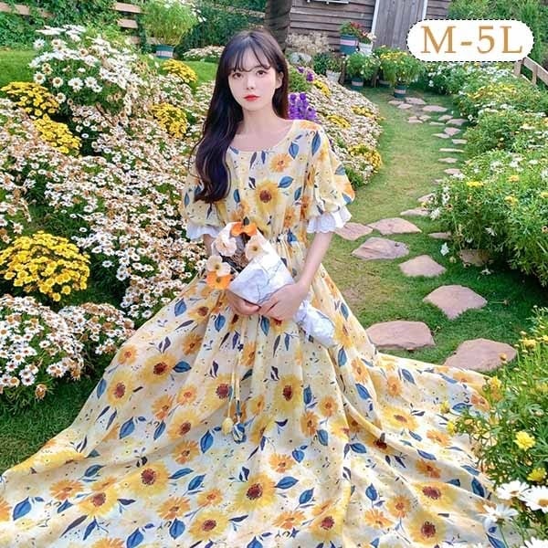 ワンピース 大きいサイズ パフスリーブ 花柄 ひまわり柄 ひまわり 向日葵 半袖 大人かわいい ぽっちゃり 夏ワンピ 着やせ Aライン M L LL 3L 4L 5L bi170zezet2