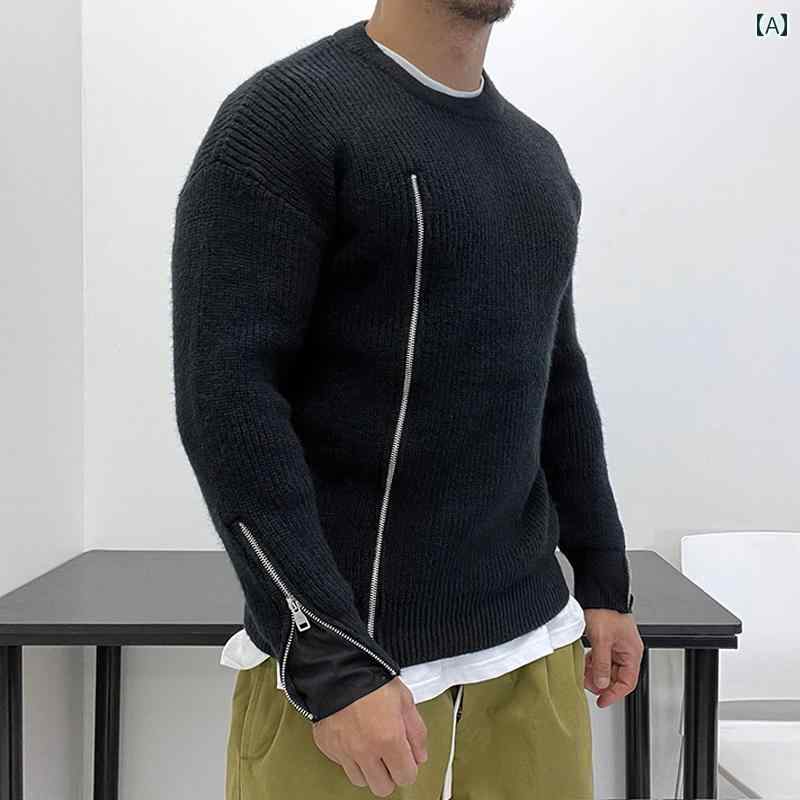 メンズ スタイリッシュ ストレッチ スリムフィット ジッパー プルオーバー セーター 秋冬 暖かい 厚手