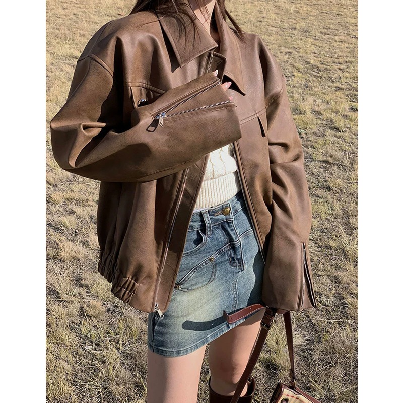 2024秋アメリカンレトロコーヒーカラーゆったりスリムレザージャケットおしゃれクールスイートストリートスタイル婦人服