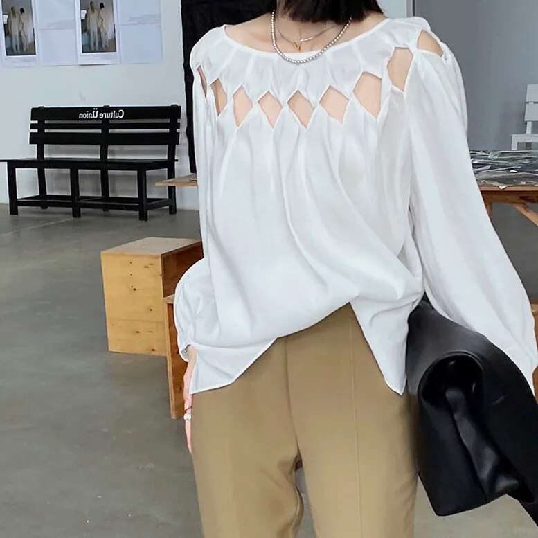 2color レディース ダイヤモンドホールプルオーバーシャツ トップス ブラウス シャツ