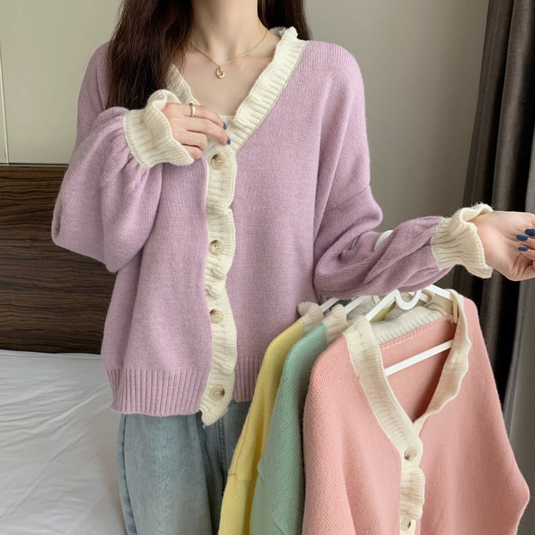 4color レディース フリルニットカーディガン フリルニットジャケット ハイゲージニット