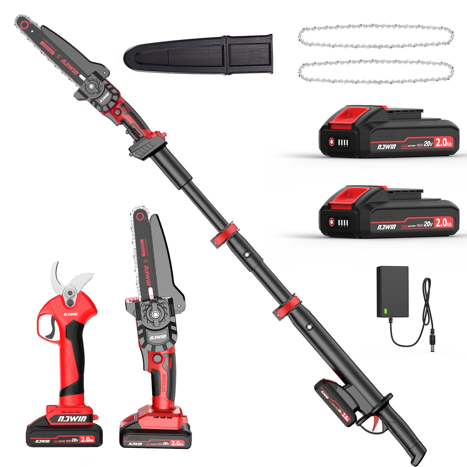 高枝切り電動チェーンソー 高枝切り電動ハサミ 一台4役 高枝切りバサミ ハンディーチェーンソー 高枝チェーンソー 高枝切りノコギリ 電動剪定バサミ 延長ポール150cm～260cm伸縮 バッテリー2つ