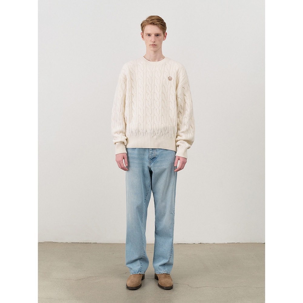 Dunst メンズユニセックスケーブルクルーネックセーターアイボリー M UDSW4C105IV