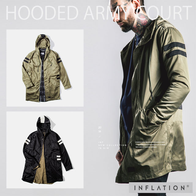 INFLATION メンズ コート:フード付きアーミーコート パーカー[2色] #T829