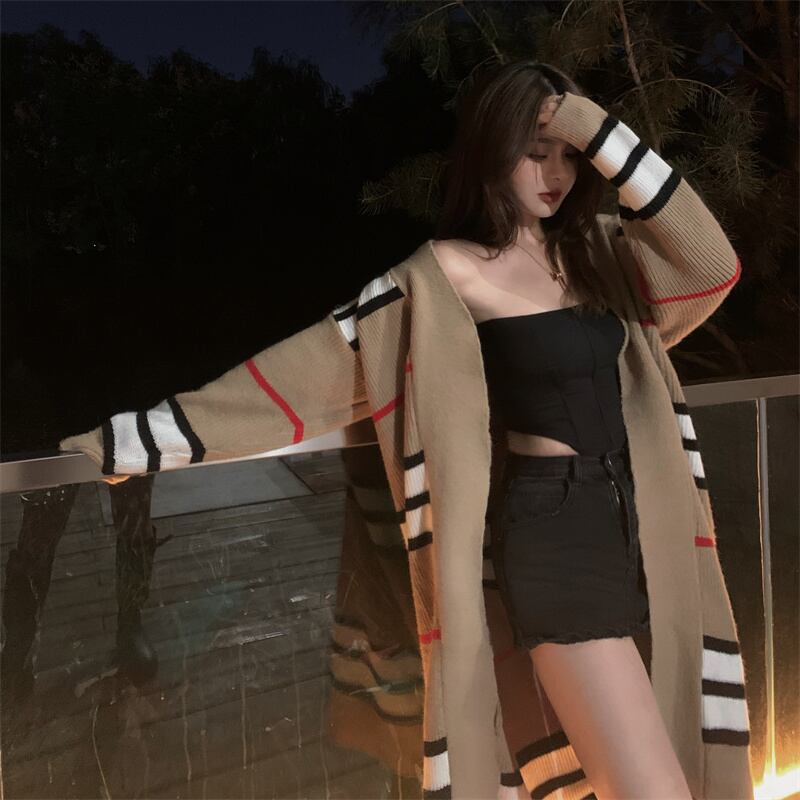 カーディガン ニットカーディガン ボーダー柄 トップス ロングカーディガン ロング丈 羽織り 長袖