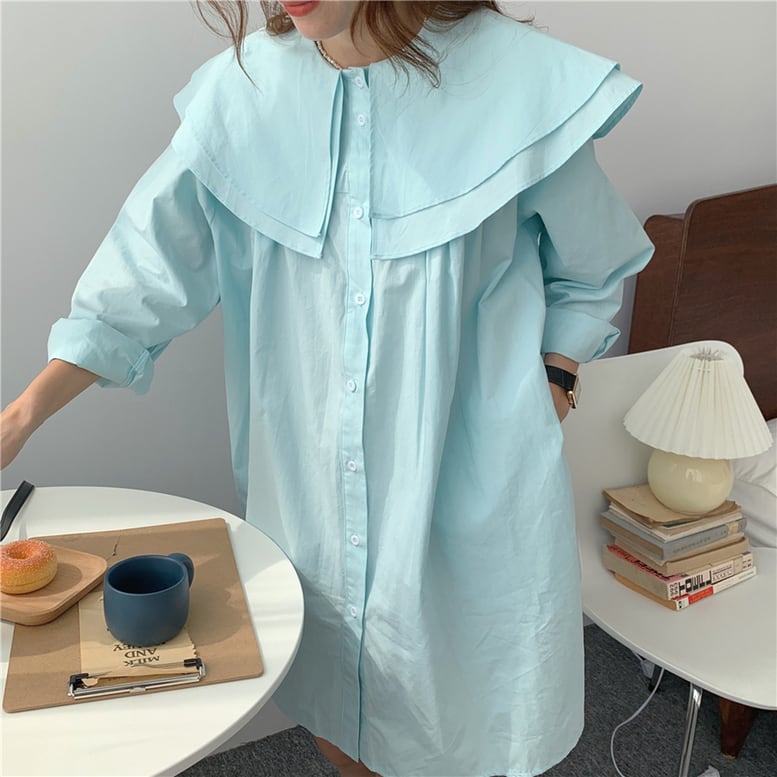 2color レディース ビックカラーワンピース コットン風ドレス ダブルカラー 55