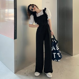 オーバーオール ワイドパンツ 肩フリル スリット　フリルサロペット　韓国ファッション