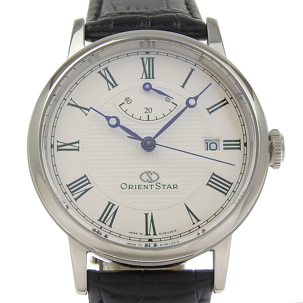 デイト 裏スケ EL09-CO-B 腕時計 ステンレススチール クロコダイル 自動巻き パワーリザーブ メンズ 白文字盤 中古品 A-ランク