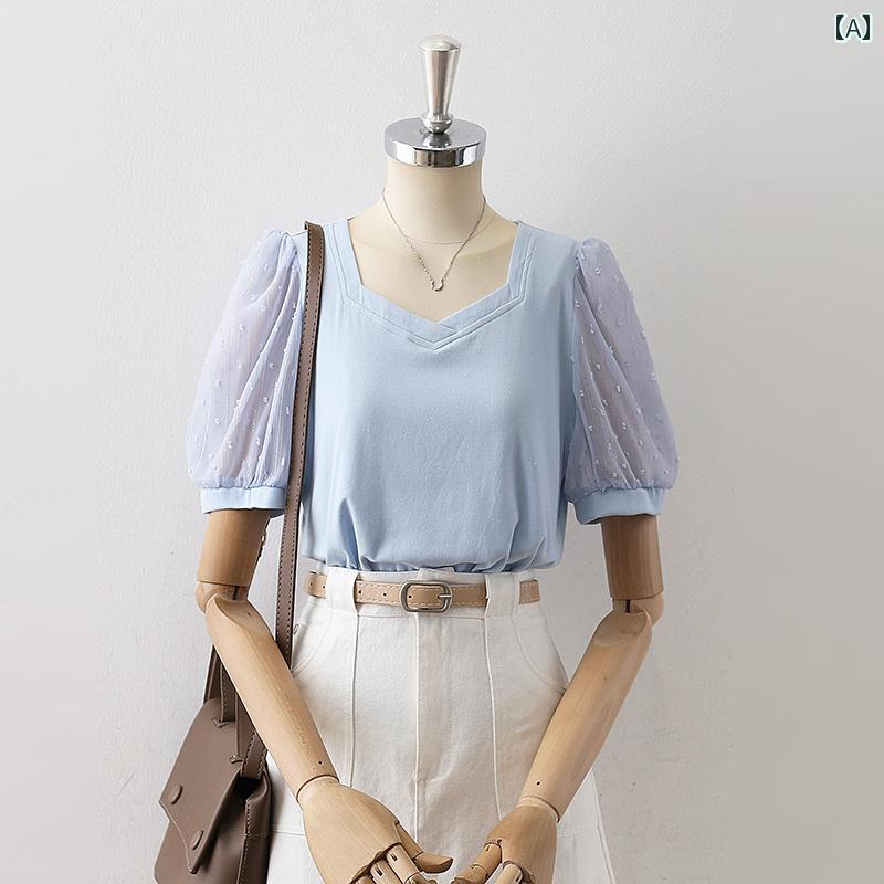 レディース シャツ ブラウス 半袖 五分袖 夏 ライトブルー スクエアVネック レース袖 パフスリーブ 腕透け感 フレンチスタイル プルオーバー エレガント フェミニン クラシカル 涼感