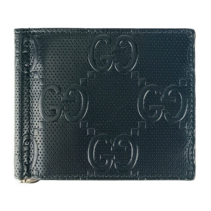 美品 GUCCI グッチ 二つ折り財布 GGエンボス マネークリップ 676656 ブラック レザー メンズ 札入れ【本物保証】