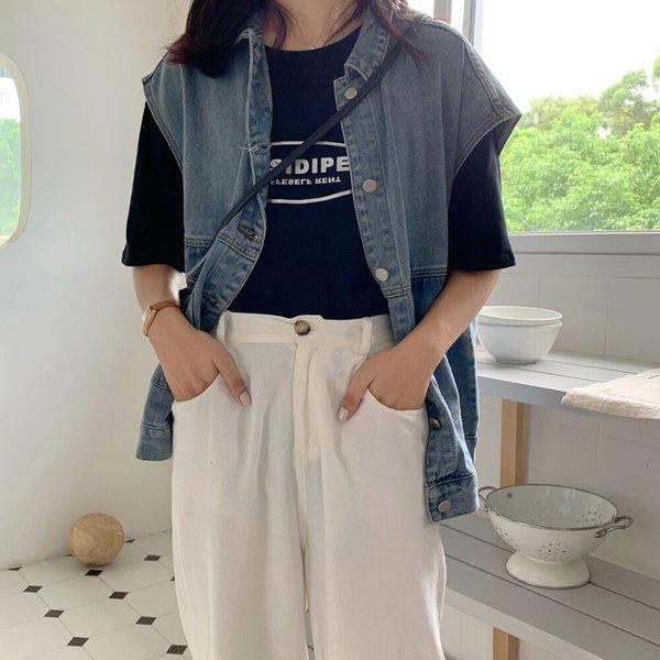 女性四季ルーズフィットポケットデニムボタンベストDMSW-VEA-SCC895-ライトブルー