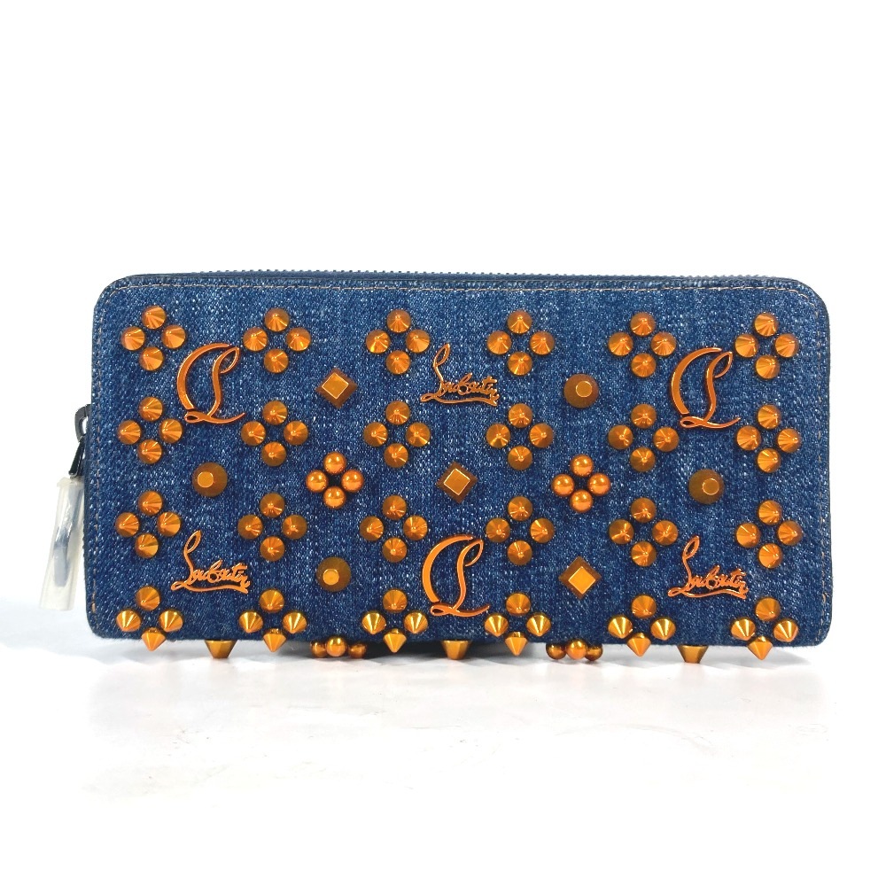 長財布 1225272 ロゴ スパイクスタッズ ロングウォレット ラウンドファスナー デニム ブルー