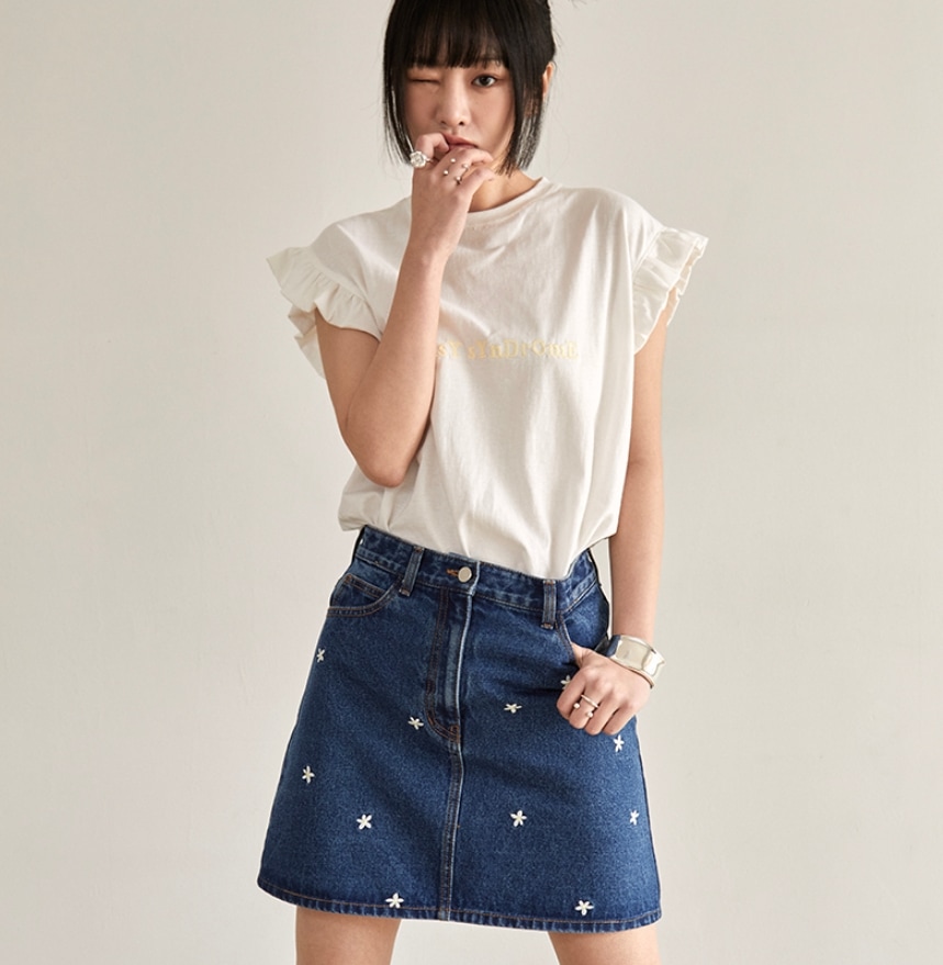 韓国人気 DAISY SYNDROME / DAISY FLOWER-DENIM SKIRT / Blue
