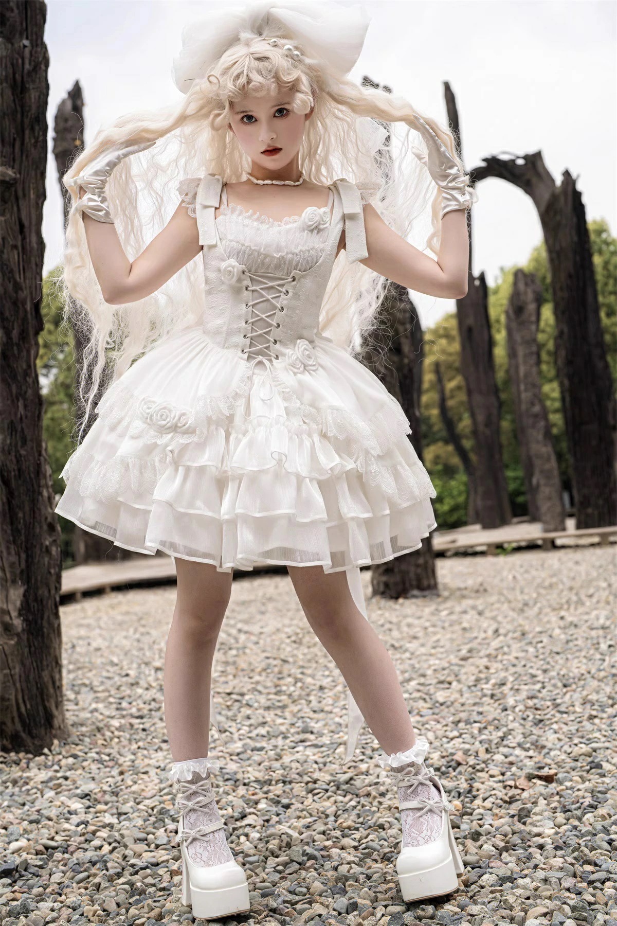 【新作登場 最安値】2点セット ホワイトロリータ ワンピース 天使 花嫁 キャミソール ワンピース 花柄 ノースリーブ コスプレ衣装 コスチューム 膝丈 フリル レース ケーキドレス レディース 萌